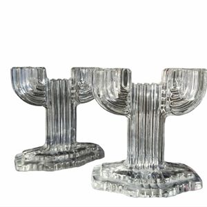 1940s Art Deco Anchor Hocking Clear Glass Queen Mary Double Candlestick Holders.